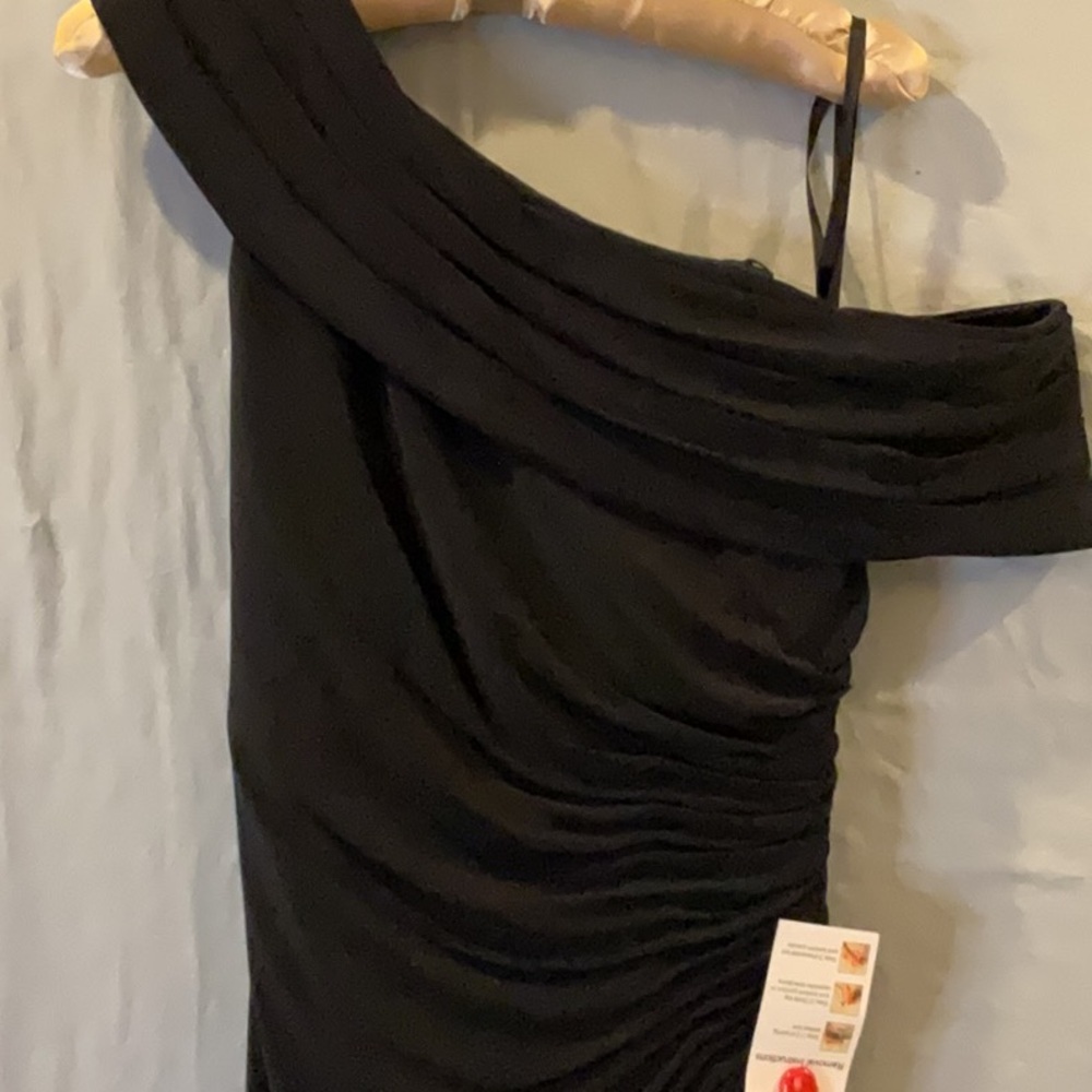 Ieena for Mac Duggal -Navy Foldover Off the Shoulder Slit Gown - Picture 7 of 14